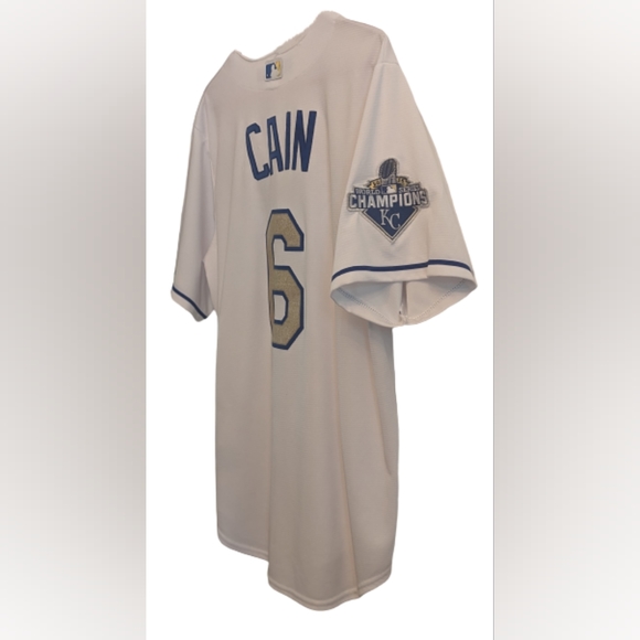 EUC Royals World Series 2015 white blue and gold Lorenzo Cain button down jersey - Picture 6 of 6